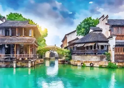 伝統的な建築のある静かな水路
