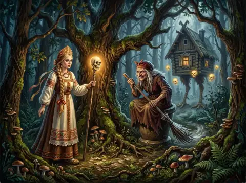 若い女性、老婆、脚の上に立つ小屋、魔法の森が描かれた、スラヴ民話の場面の油絵