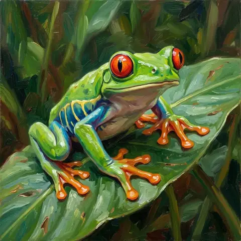 鮮やかな緑の体とオレンジの足を持つアカメアマガエルが葉にとまる油絵