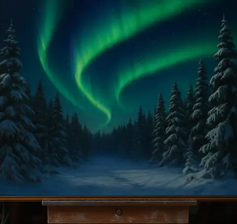 夜の雪に覆われた松林の上に緑のオーロラが輝く油絵