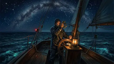 Dipinto a olio di un marinaio solitario che governa una piccola barca alla luce delle stelle sotto la Via Lattea