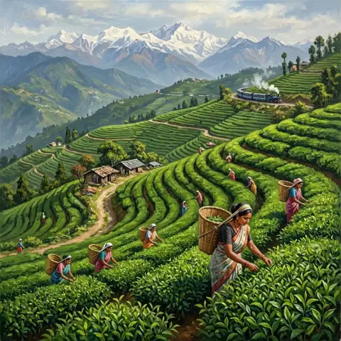 ダージリンの段々畑で女性たちが茶を摘み、背後に雪をかぶった山々がある油絵