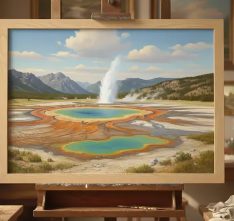 Oil painting of an erupting geyser and colorful hot spring in Yellowstone