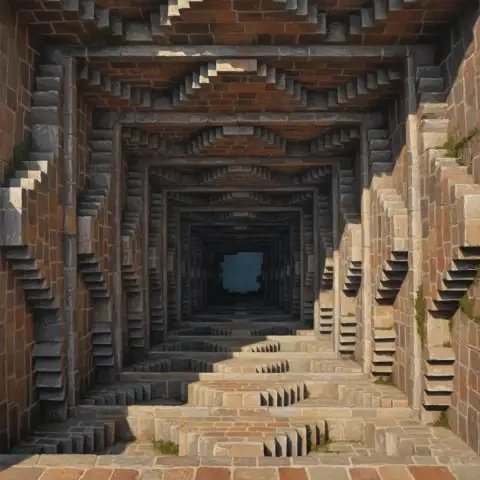 Oil painting of a deep Indian stepwell with tiered stone staircases descending into shadow