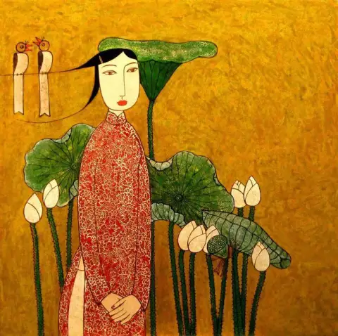 빨간색과 금색 아오자이를 입고 연꽃 잎과 꽃으로 둘러싸인 베트남 여성의 민속 예술 스타일 그림