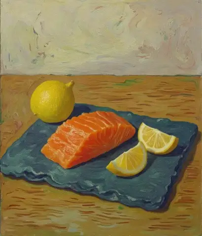 スモークサーモンとレモンウェッジ：ゴッホにインスパイアされた静物画