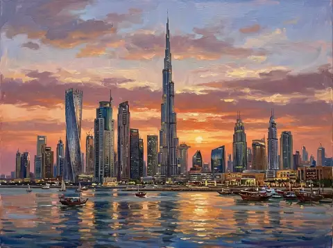 لوحة زيتية لأفق دبي مع برج خليفة عند غروب الشمس فوق مياه هادئة مع قوارب شراعية