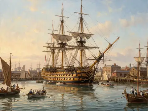 HMS Victory на якоре в Портсмутской гавани под золотым небом в картине маслом