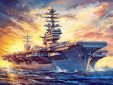 劇的な夕焼け空の下、海を進む現代の米軍空母の油絵