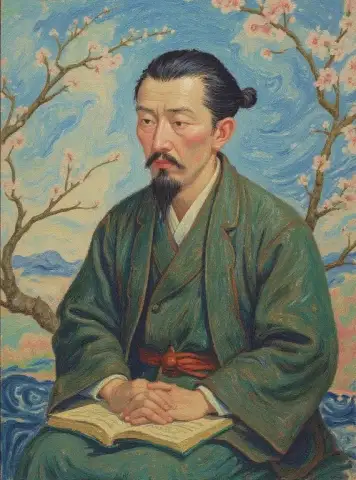 꽃들 사이의 평화로운 동아시아 학자
