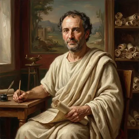 Horace seated at a writing desk with a quill and oil lamp in a classical study, oil painting