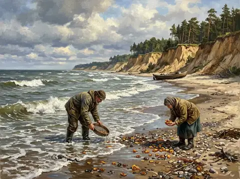 風の強いバルト海のビーチで、淡い崖の下で琥珀を拾う二人の女性の油絵