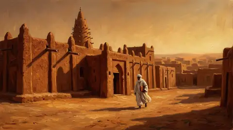 لوحة زيتية لمبنى طيني في تمبكتو يتوهج تحت سماء غروب ذهبية