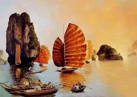 Peinture à l'huile de jonques à voiles rouges naviguant parmi des pitons karstiques dans la baie d'Ha Long