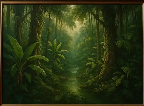 Pintura a óleo de um riacho sereno que serpenteia pela densa copa de uma floresta tropical coberta de musgo.