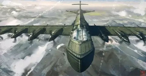 嵐雲の下を飛ぶ巨大なプロペラ軍用機の油彩画