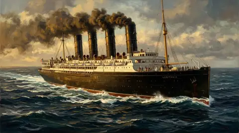 暗い海を全速力で航行するRMSルシタニア号の油絵