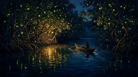 Olieverfschilderij van een boot op een donkere mangrove rivier verlicht door gloeiende vuurvliegjes 's nachts