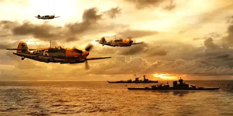 夕日の中、軍艦の上を低空飛行する第二次世界大戦の戦闘機を描いた手描き油絵