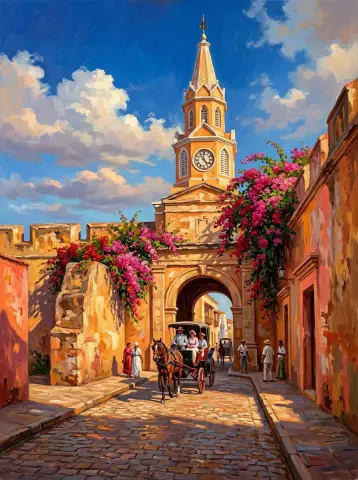 カルタヘナ・デ・インディアスの時計塔とブーゲンビリアに覆われた旧市壁の油絵