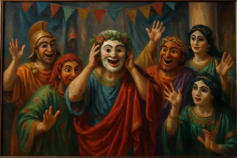 陽気なローマのパフォーマーのグループが演劇用仮面を掲げている油絵