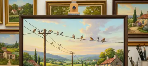 Oil painting of birds on telephone wires above a sunlit countryside valley with a farmhouse