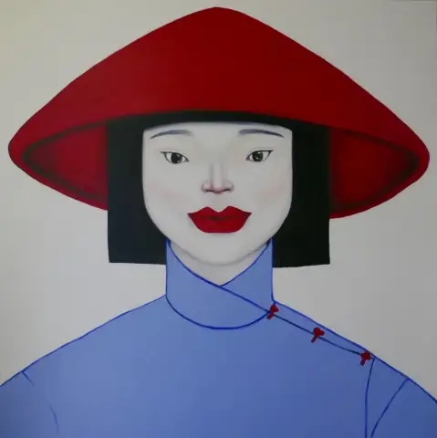 빨간 원뿔형 모자와 파란 드레스를 입은 베트남 여성의 유화 초상화