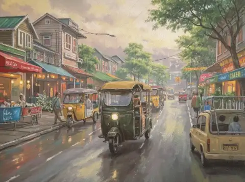 방콕의 활기찬 거리에서 달리는 뚝뚝