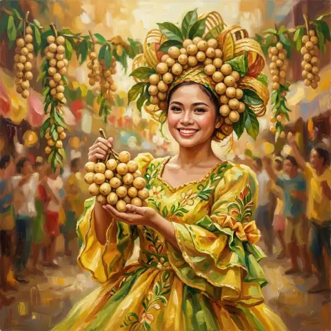 祭りでランソネスの果実のヘッドドレスを身につけた笑顔の女性を描いた油絵