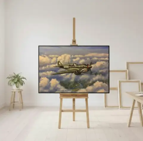 雲の上を飛ぶP-40ウォーホーク戦闘機を描いた油絵
