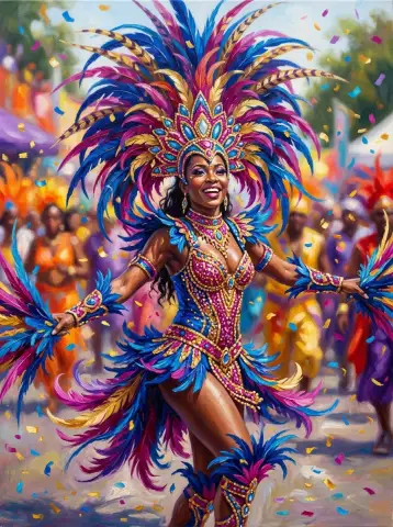 トリニダードのカーニバルで、鮮やかな羽根のマスコスチュームを着て踊る女性の油絵