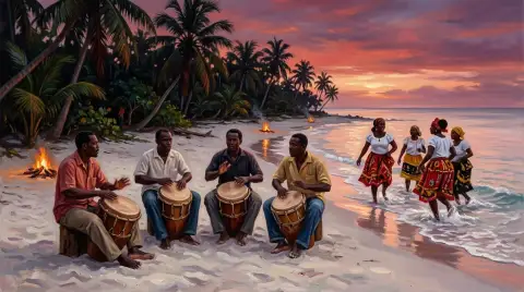 ホンジュラスのビーチで、色とりどりの夕焼けの下で太鼓を叩く人々と踊る人々の油彩画