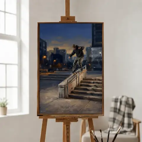 متزلج على اللوح يحك سكة في ساحة حضرية