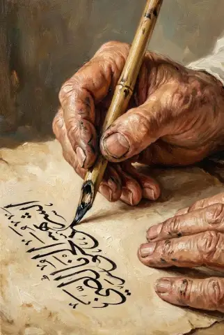 لوحة زيتية ليدين متجعدتين تكتبان خطًا عربيًا منسابًا بقلم من القصب.