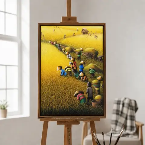 Framed oil painting of farmers harvesting a golden rice field hanging on a wall