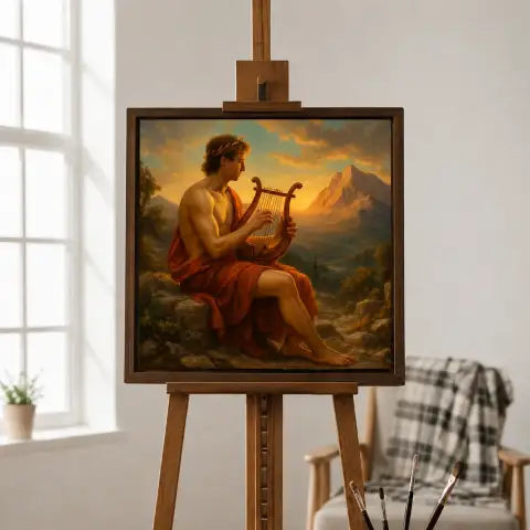 서재에 걸린 파르나소스 산에서 리라를 연주하는 아폴론 그림 액자