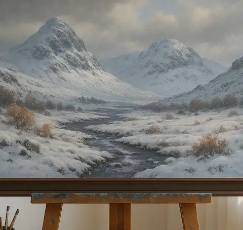 Oil painting of snow-covered mountains and valley in Glencoe, Scotland