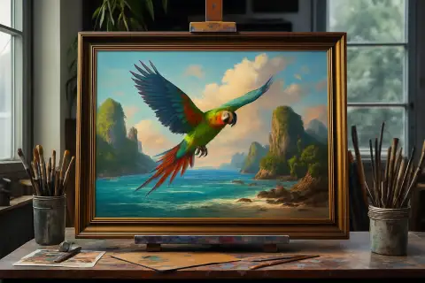 ターコイズブルーのカリブ海の島々の上を飛ぶ緋色のコンゴウインコの油絵