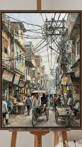 絡み合う電線の下の混雑するデリーのチャンドニー・チョークの通りを描いた油絵