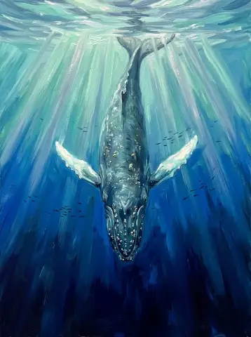 Масляная картина с горбатым китом, ныряющим в залитой солнцем синей океанской воде
