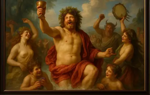 Oil painting of a wreathed figure raising a golden goblet amid a crowd of revelers in water.