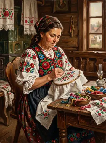 Oil painting of a young Hungarian woman embroidering at a wooden table by lamplight