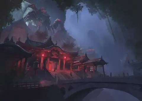霧の中の謎めいた寺院