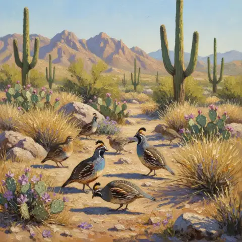 Oil painting of a covey of Gambel's quail walking among saguaro cacti and desert flowers