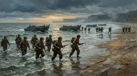 D-Dayの夜明けにノルマンディー浜辺に上陸する兵士たちの油絵