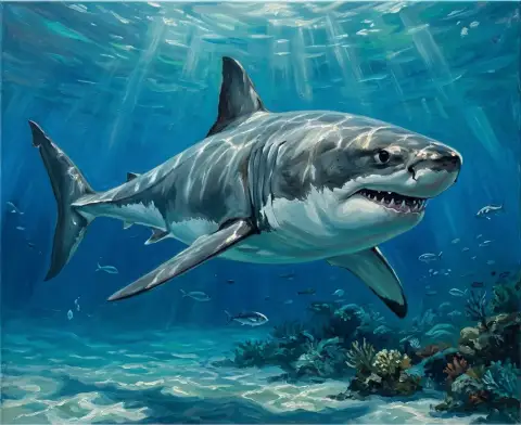 サンゴ礁の上を陽の光差す青い海を泳ぐホホジロザメの油絵