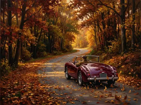 紅葉した森の中の落ち葉で覆われた道を走るヴィンテージオープンカーの油絵