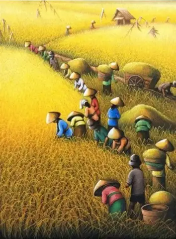Oil painting of farmers in conical hats carrying baskets along a golden rice paddy