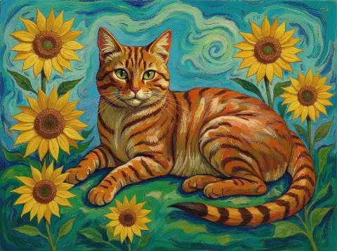 Королевский Мейн-кун среди подсолнухов – Вдохновлено Ван Гогом