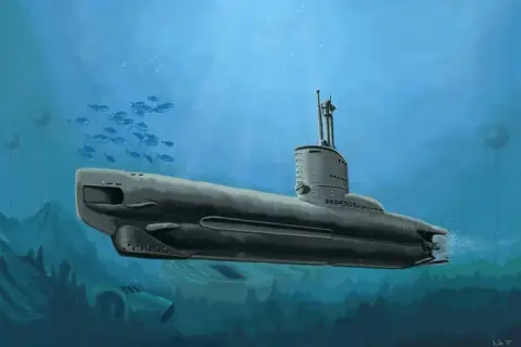 Картина маслом: серая подводная лодка плывет в солнечной океанской глубине